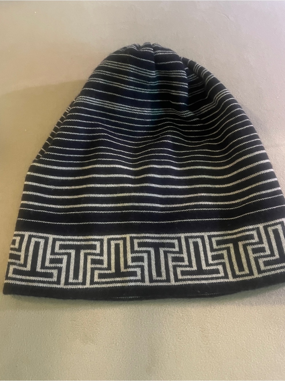 Tory Burch Navy and White Striped Knit Beanie